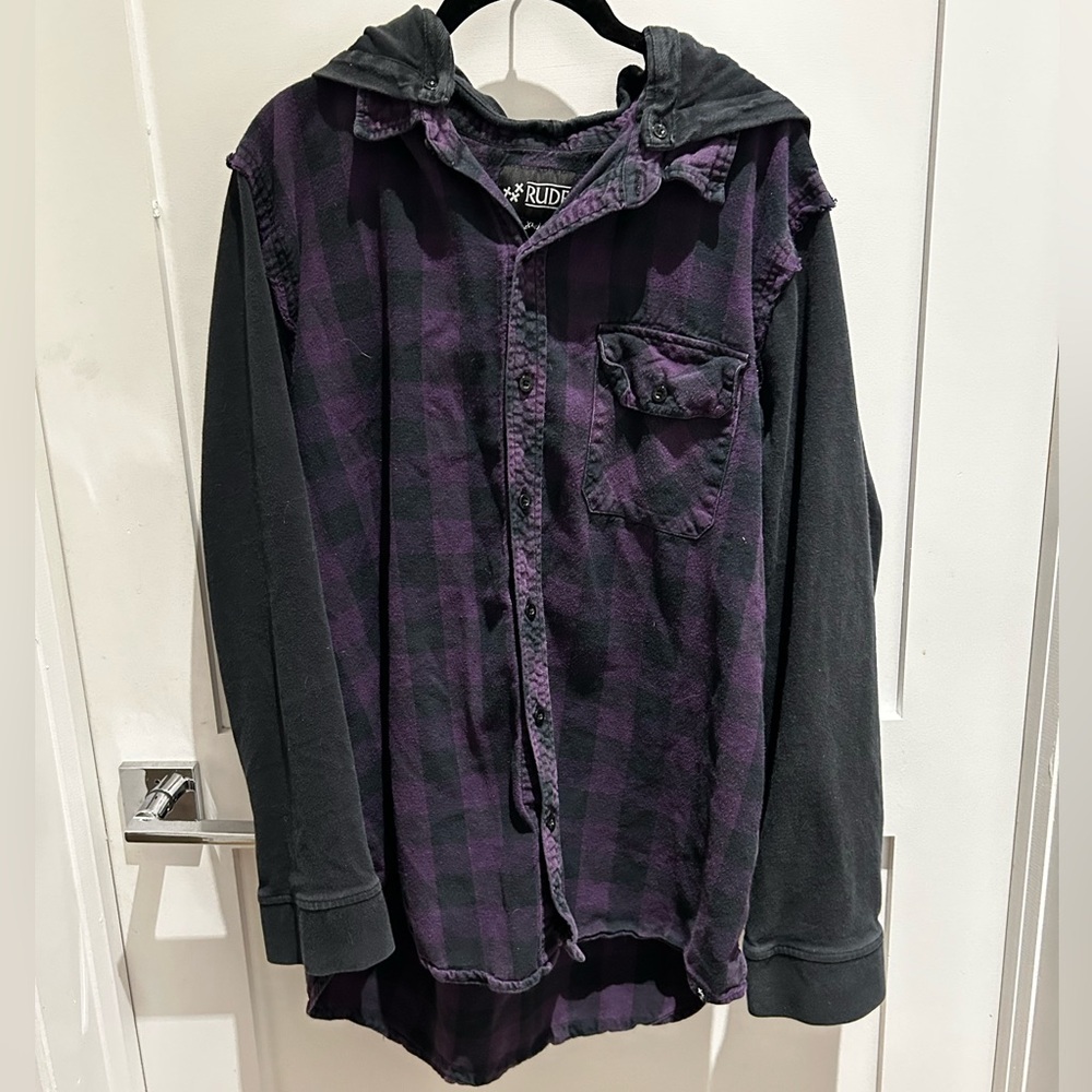 Hot topic XXX Rude purple plaid shirt